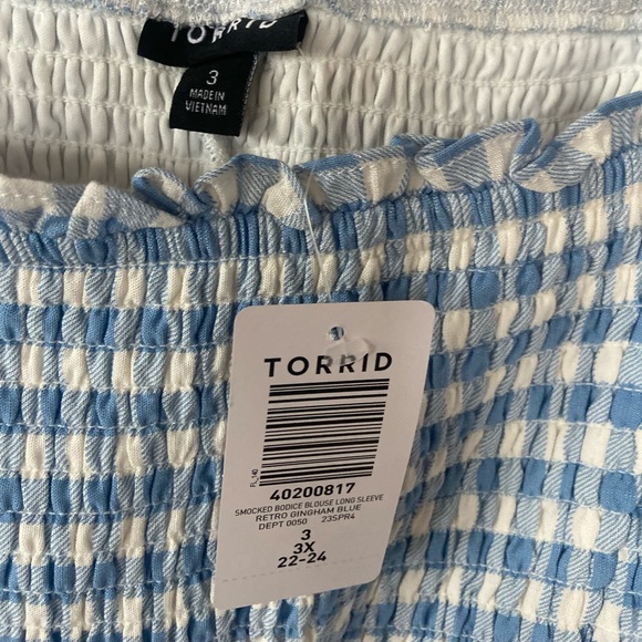 Torrid Rayon Slub Smocked Bodice Long Sleeve Crop Top Blue Gingham Size 3X - Picture 6 of 9